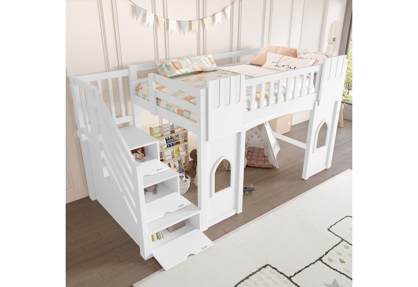 Ulife Hochbett Kinderbett Jugendbett mit Stauraumtreppe und Fenster, 90x200cm (1-St., Ohne Matratze) von Ulife