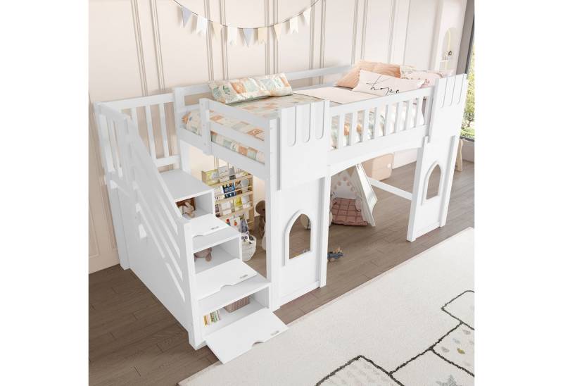 Ulife Hochbett Kinderbett Jugendbett mit Stauraumtreppe und Fenster, 90x200cm (1-St., Ohne Matratze) von Ulife