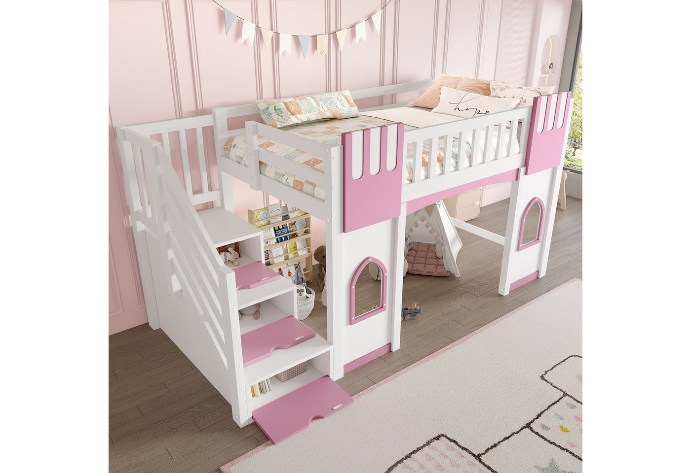 Ulife Hochbett Kinderbett Jugendbett mit Stauraumtreppe und Fenster, 90x200cm (1-St., Ohne Matratze) von Ulife