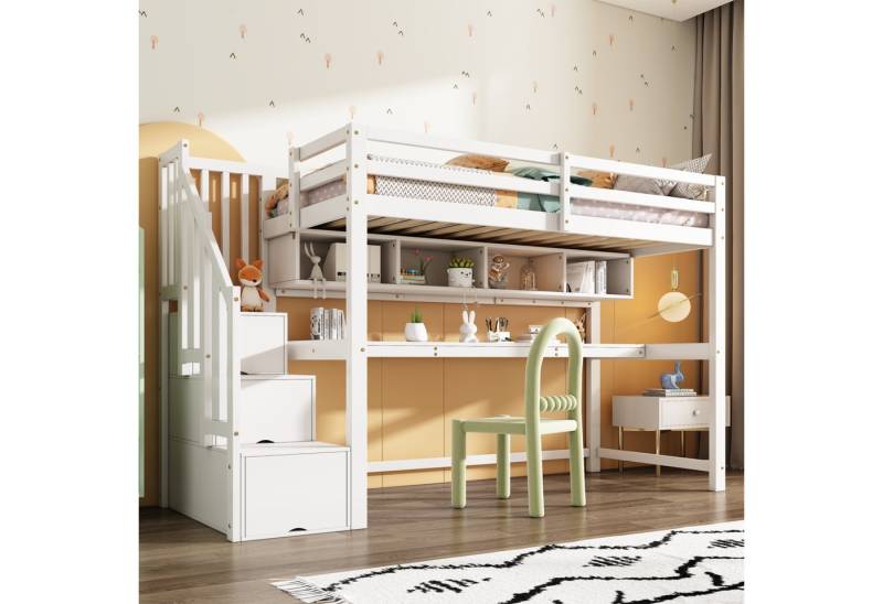 Ulife Hochbett Kinderbett mit Stauraumtreppe 90x200cm, Massivholz+MDF (1-St., Ohne Matratze) Kinderbett mit großen Schreibtisch und Regalen von Ulife