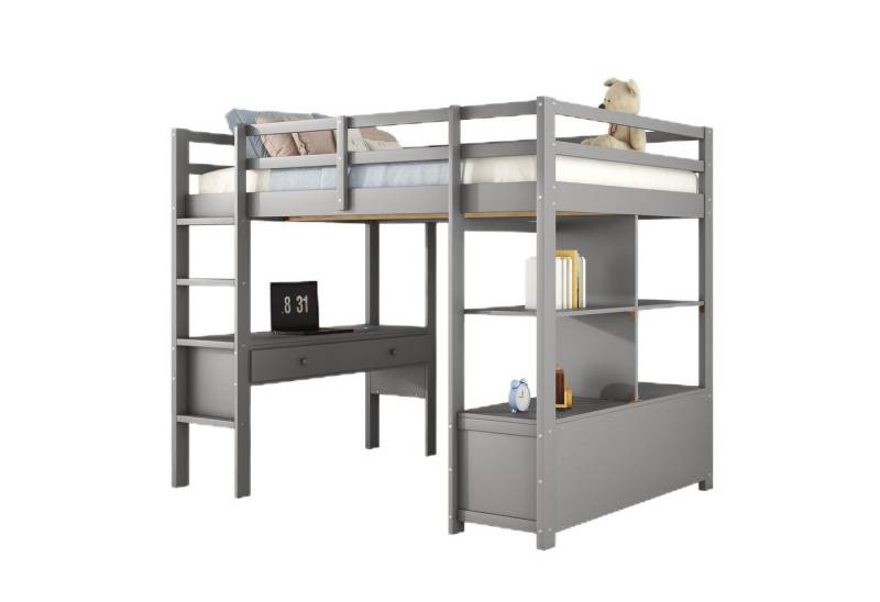 Ulife Hochbett Kinderhochbett mit Stauraumschubladen und Unterbettschreibtisch 140 × 200 cm von Ulife