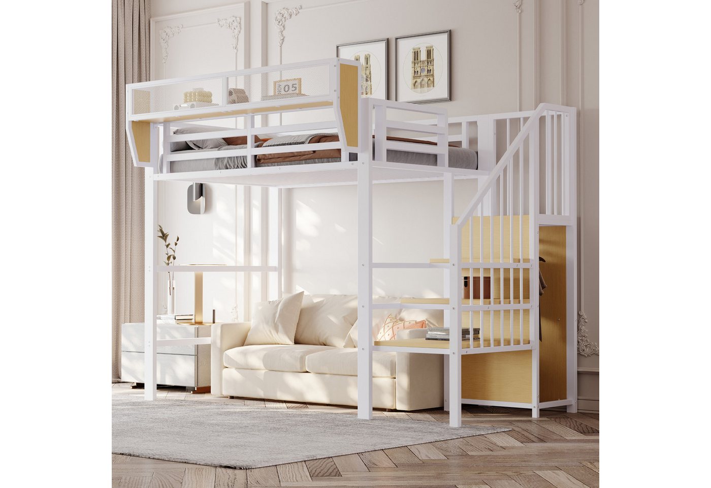 Ulife Hochbett Metallbett Erwachsenenbett Kinder-Etagenbett 90x200cm (Ohne Matratze) mit Sicherheitsleiter und flexiblem Staufach von Ulife