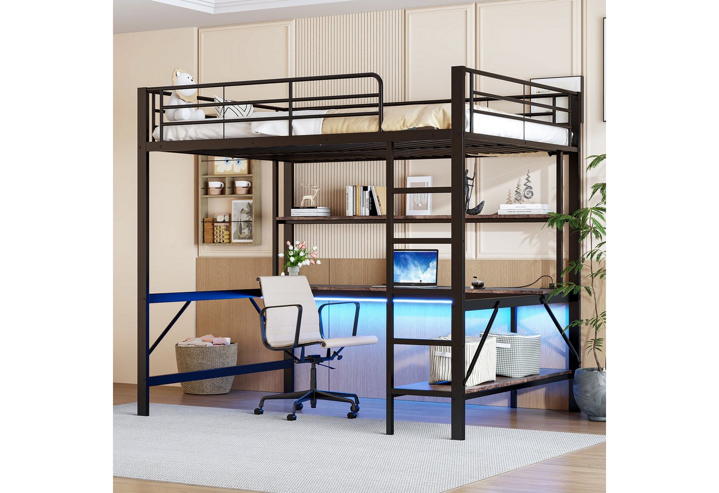 Ulife Hochbett Metallbett Kinderbett Jugendbett mit LED-Leuchten, Schreibtisch (Ohne Matratze) mehrstöckiges Regal, usb und Steckdose von Ulife