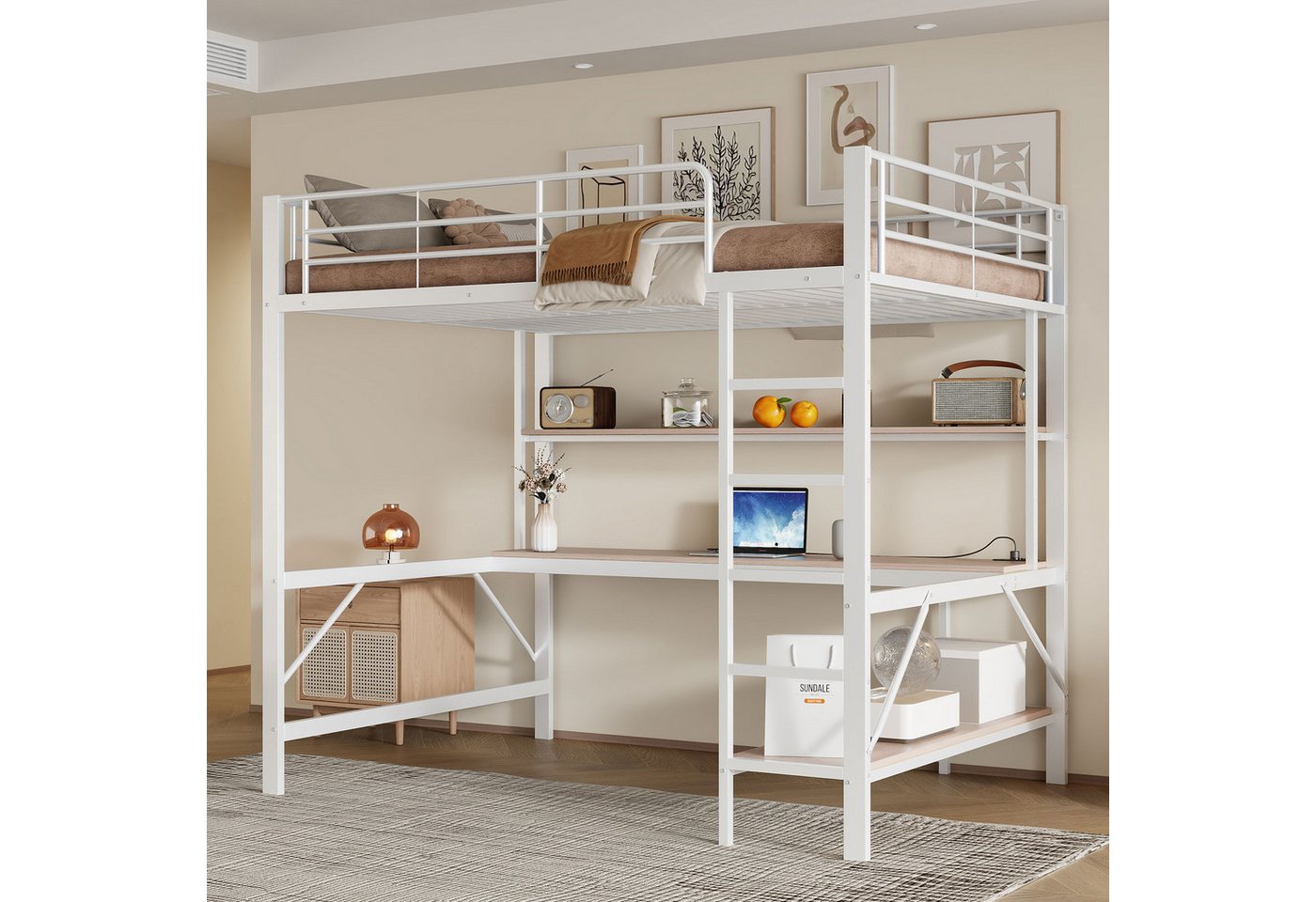 Ulife Hochbett Metallbett Kinderbett Jugendbett mit LED-Leuchten, Schreibtisch (Ohne Matratze) mehrstöckiges Regal, usb und Steckdose von Ulife