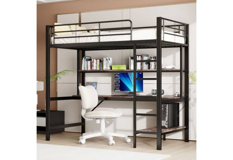 Ulife Hochbett Metallbett Kinderbett Jugendbett mit LED-Leuchten, Schreibtisch (Ohne Matratze) mehrstöckiges Regal, usb und Steckdose von Ulife