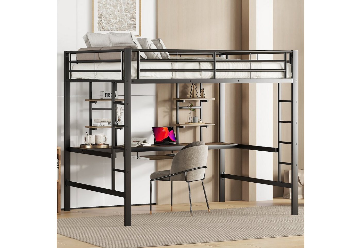 Ulife Hochbett Schwarz Metallbett mit Schreibtisch und 2 Bücherregalen ohne Stuhl 140x200cm von Ulife