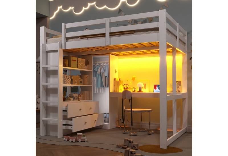 Ulife Hochbett mit 2 Schubladen und Regalen, Unterbettschreibtisch (1-St) 140x200m,LED-Licht und USB, weiß von Ulife