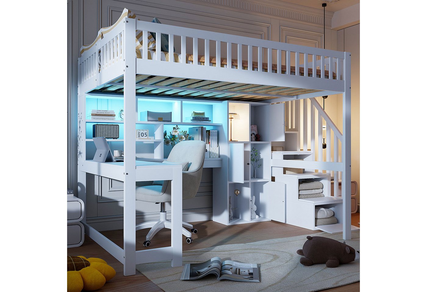 Ulife Hochbett mit LED-Leuchten,Ablageleiter,Regalen,Ablagefächern und Schreibtisch (Ohne Matratze) Kinderbett Jugendbett, 140x200 cm von Ulife