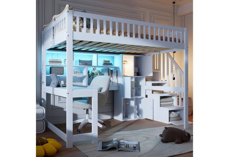 Ulife Hochbett mit LED-Leuchten,Ablageleiter,Regalen,Ablagefächern und Schreibtisch (Ohne Matratze) Kinderbett Jugendbett, 140x200 cm von Ulife