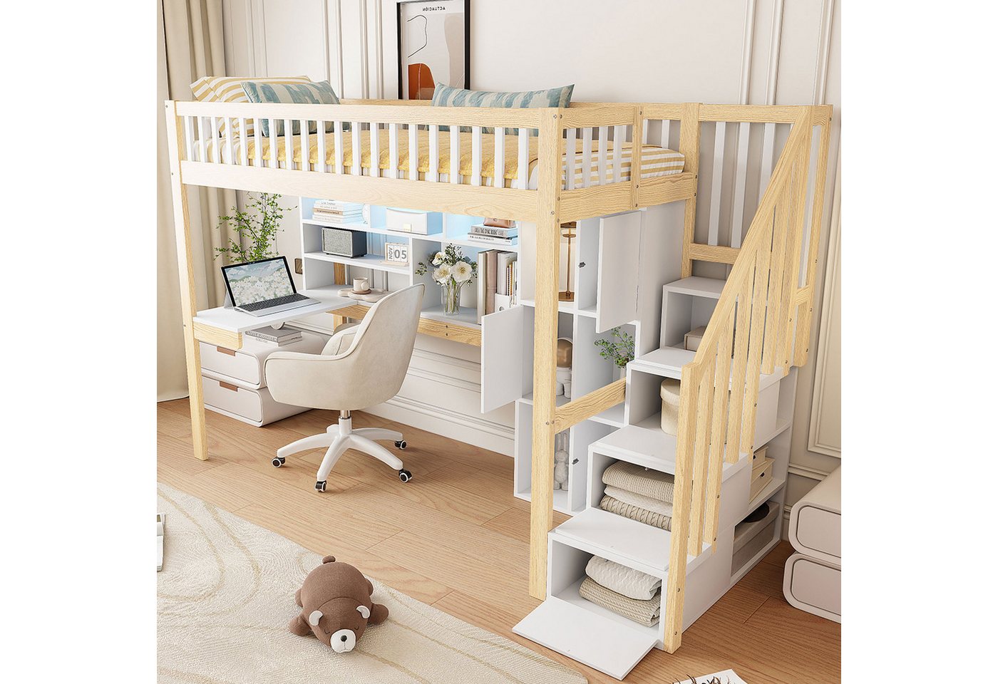 Ulife Hochbett mit LED-Leuchten,Ablageleiter,Regalen,Ablagefächern und Schreibtisch (Ohne Matratze) Kinderbett Jugendbett, 90x200 cm von Ulife