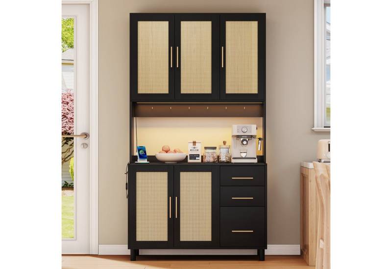 Ulife Hochschrank Küchenanrichte mit LED-Deko-Lichtern, 2 USB-Ports, Steckdosen 3 Schubladen, verstellbaren Einlegeböden, goldenen Metallgriffen von Ulife
