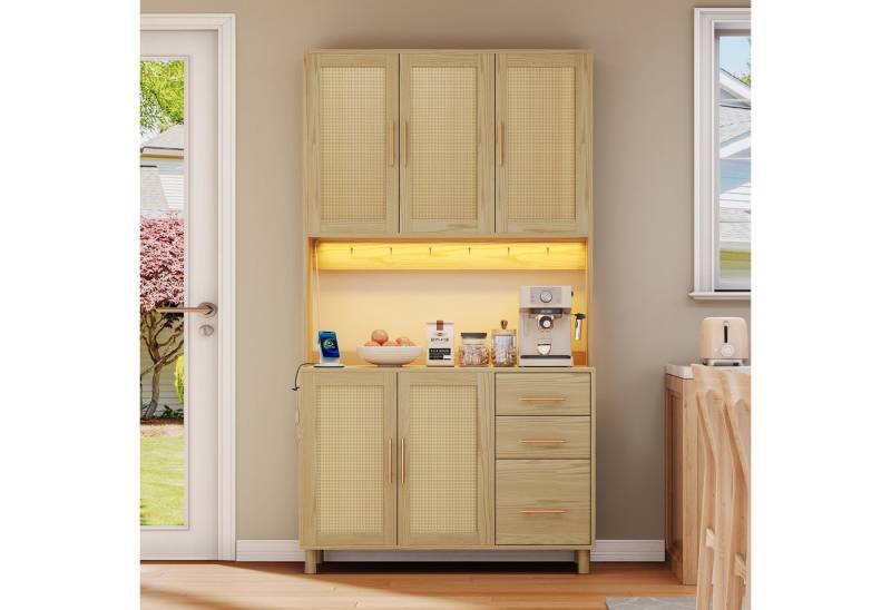 Ulife Hochschrank Küchenanrichte mit LED-Deko-Lichtern, 2 USB-Ports, Steckdosen 3 Schubladen, verstellbaren Einlegeböden, goldenen Metallgriffen von Ulife