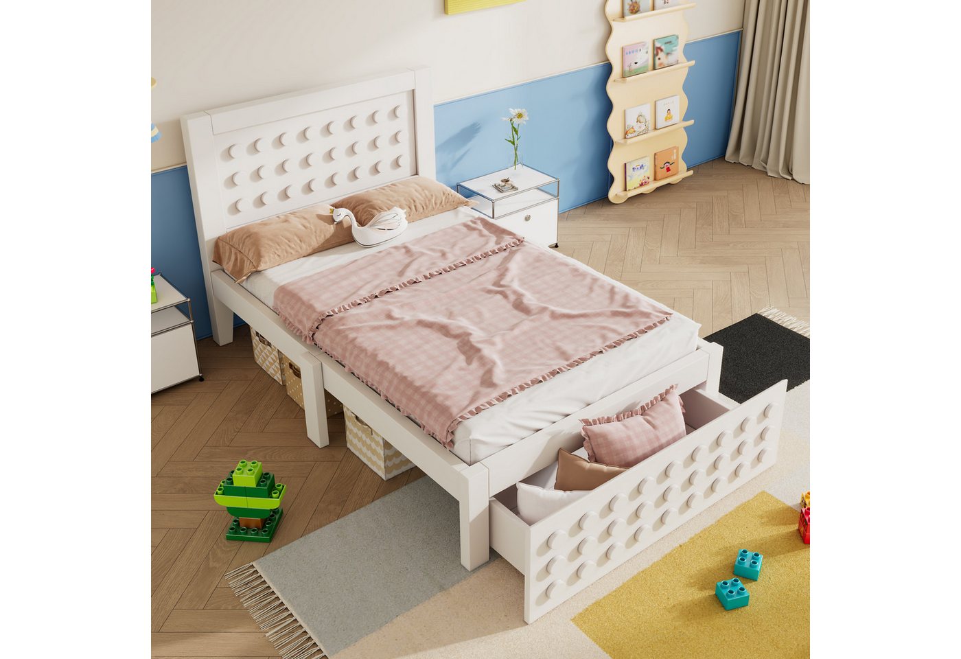 Ulife Holzbett Einzelbett Kinderbett Jugendbett mit Kreativem Block Design (Ohne Matratze), mit Schubladen & Unterm Bett Stauraum, 90x200cm von Ulife