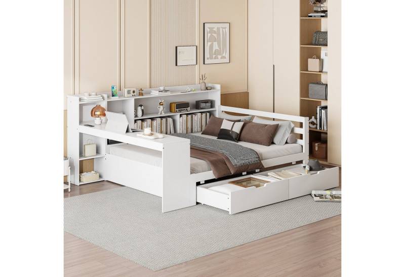 Ulife Holzbett Schlafsofa mit Schreibtisch Bücherregal Ablagefächern und Regalen (Ohne Matratze), Multifunktionales Bett mit Steckdose und 2 großen Ablagefächern von Ulife