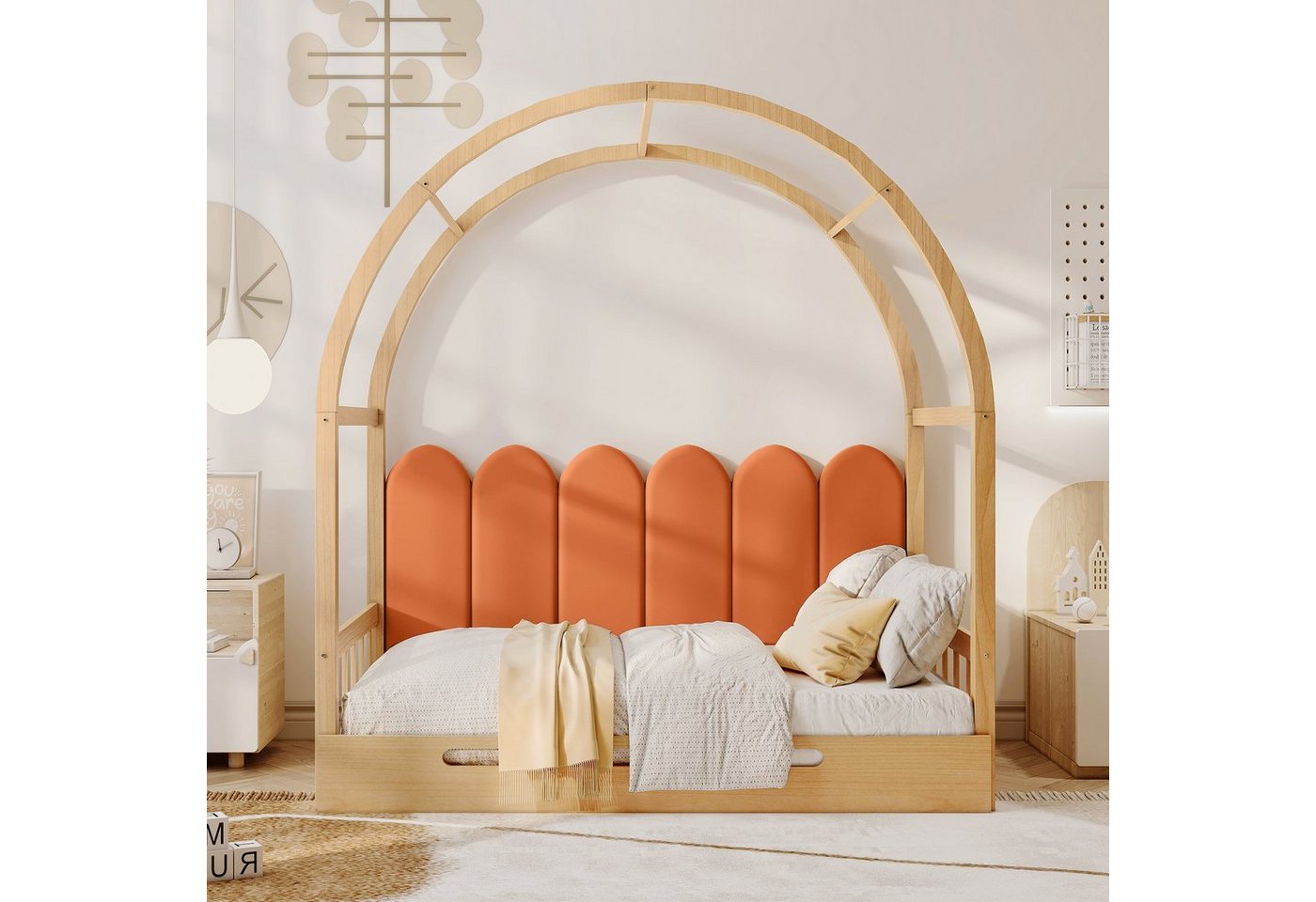 Ulife Jugendbett Ausziehbare Bett Kinderbett mit Samt Zaun-Kissen 140x100cm/140x200cm von Ulife