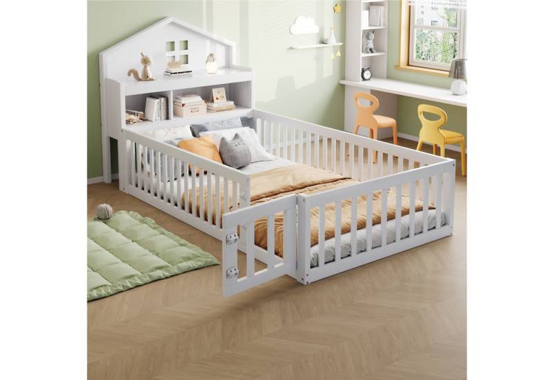 Ulife Kinderbett Bodenbett Hausbett Holzbett mit Stauraum und Sicherheitsgitter (Ohne Matratze), mit Kreidetafel, 90 x 200cm von Ulife