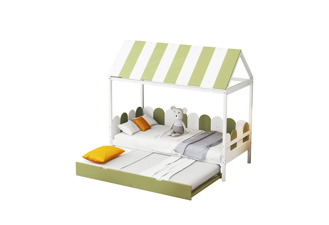 Ulife Kinderbett Einzelbett Massivholzbett 90x190cm mit Ausziehbett, Hausbett für Jungen und Mädchen mit Dach und Rückenlehne von Ulife