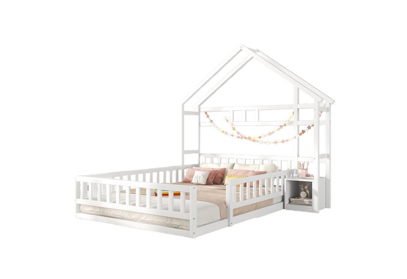 Ulife Kinderbett Hausbett Doppelbett Holzbett Flachbett aus Kiefernholz (Ohne Matratze), mit Nachttischen, 140x200cm von Ulife