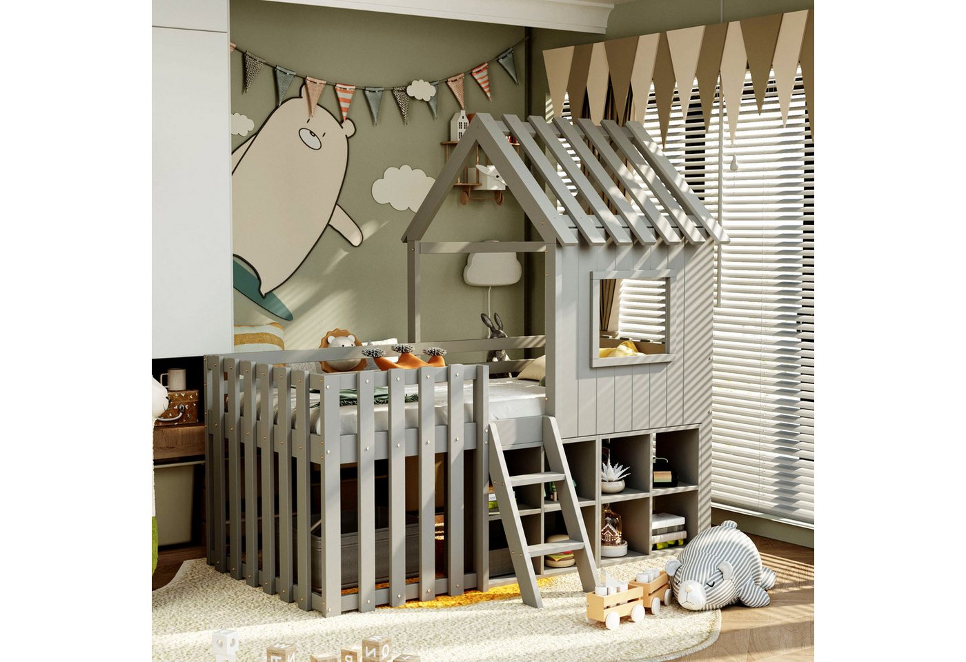 Ulife Kinderbett Hausbett mit Dach, Fenster, Stauraum & Kletterleiter (Ohne Matratze), Massivholz-Kinderetagenbett, 90 x 200cm von Ulife