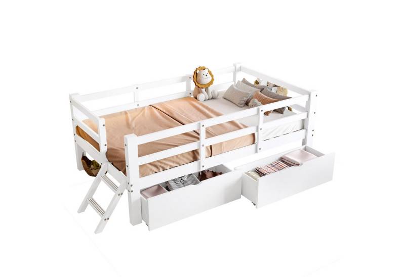 Ulife Kinderbett Holz-Plattformbett mit Schutzgeländer und 2 Schubladen (1-tlg., Ohne Matratze), Kinderplattformbett, 90x200cm von Ulife