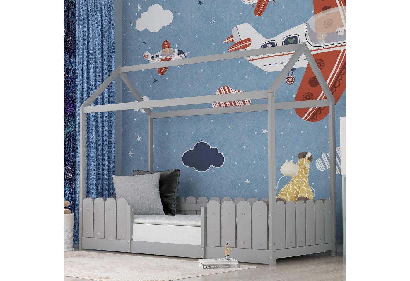 Ulife Kinderbett Jugendbett Kiefernholz 90x200cm mit Rausfallschutz, grau von Ulife