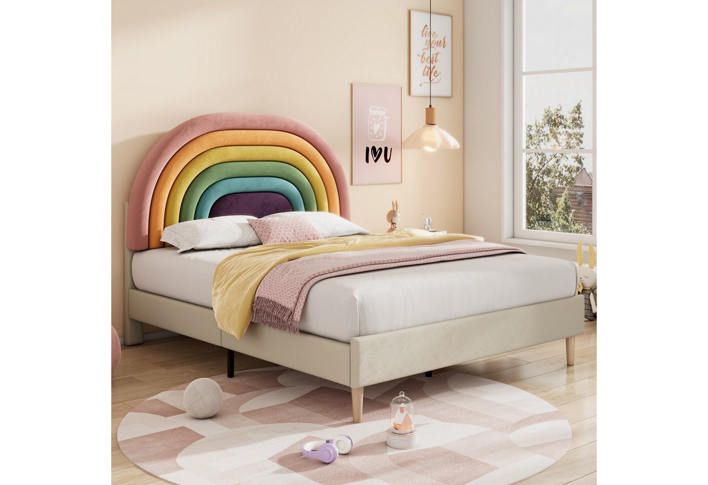 Ulife Kinderbett Polsterbett Jugendbett mit höhenverstellbarem Kopfteil Regenbogen-Samt, Holzlattenunterstützung, 140 x 200 cm von Ulife