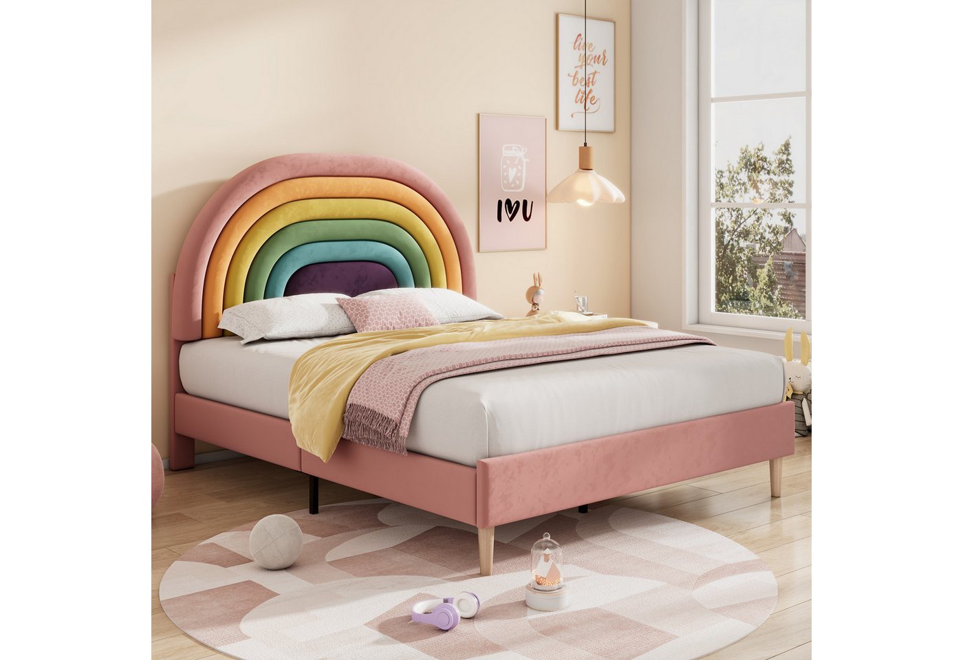 Ulife Kinderbett Polsterbett Jugendbett mit höhenverstellbarem Kopfteil Regenbogen-Samt, Holzlattenunterstützung, 140 x 200 cm von Ulife