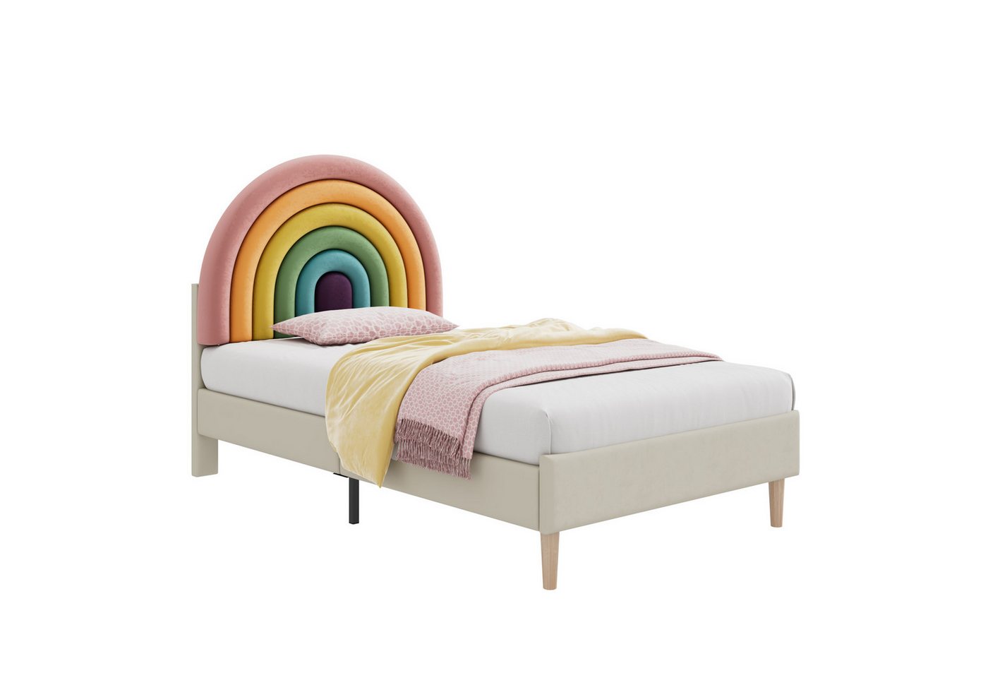 Ulife Kinderbett Polsterbett Jugendbett mit höhenverstellbarem Kopfteil Regenbogen-Samt, Holzlattenunterstützung, 90 cm x 200 cm von Ulife