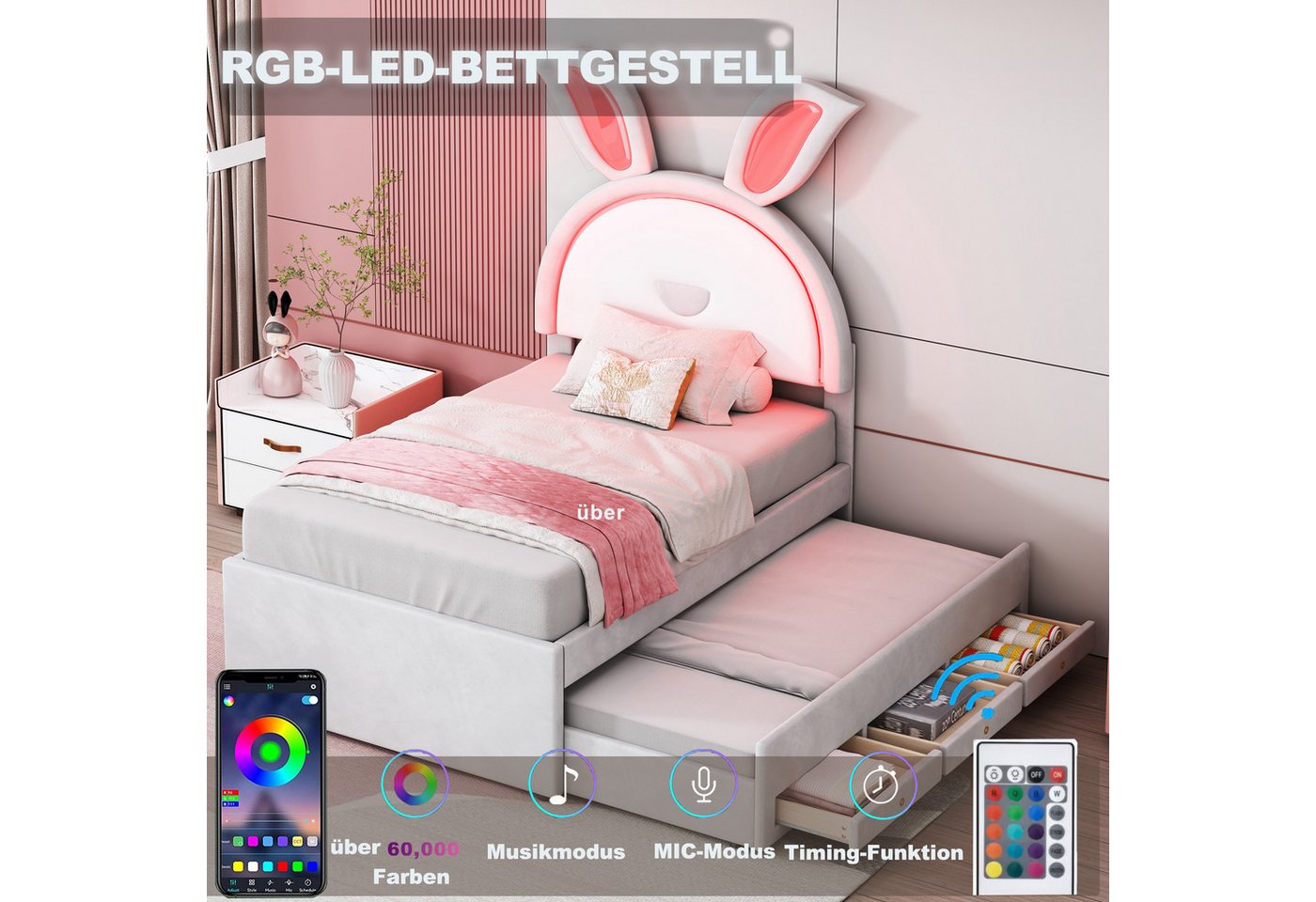 Ulife Kinderbett Polsterbett Stauraumbett mit ausziehbarem Bett und LED-Licht, Oberes Bett 200*90cm, Ausziehbett 190*90cm von Ulife