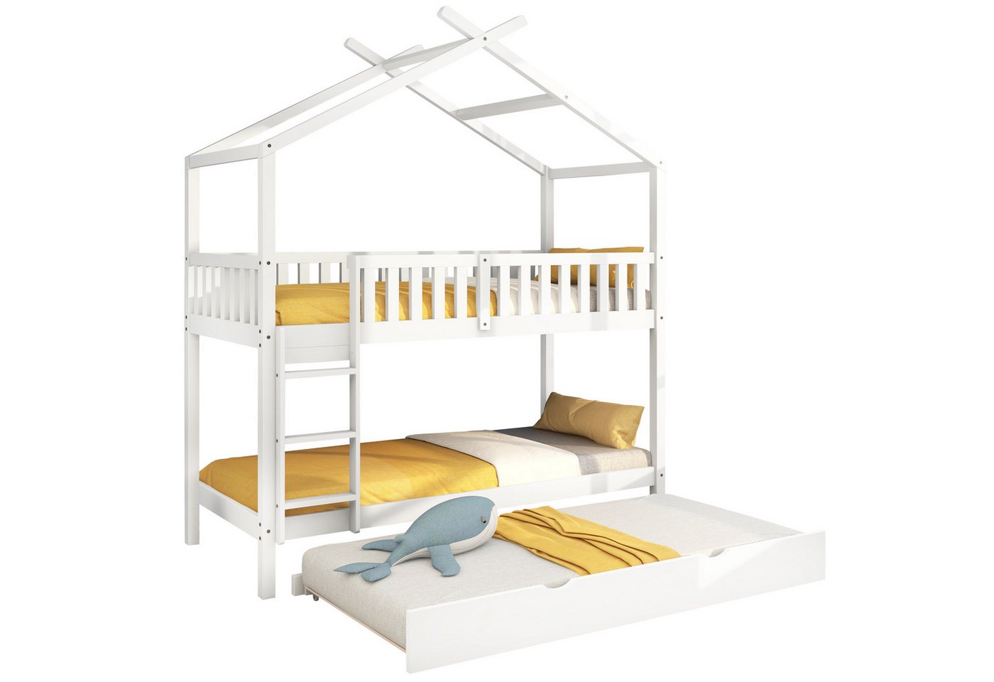 Ulife Kinderbett weißes Etagebett mit Treppe & 3 ausziehbaren Liegeflächen, 90*200 cm (Packung), Platzsparendes Design von Ulife