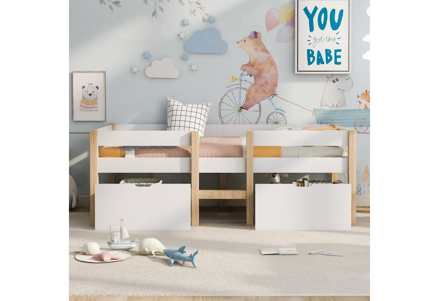 Ulife Kinderbett weißes beige Einzelbett, Hochbett mit Schublade & Rausfallschutz (Packung, Bett), Massivholzbett aus Kiefer, 90*190cm, 90*200cm von Ulife