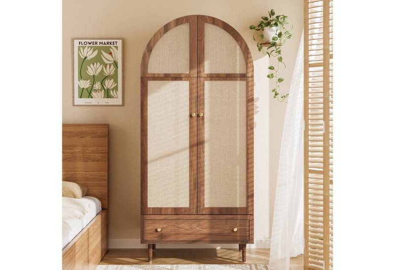 Ulife Kleiderschrank mit Stofftüren & Schublade, Garderobe – Walnussoptik, stabile Holzfüße (1-St) Garderobenschrank, Kommode, 79Lx50Bx175H von Ulife