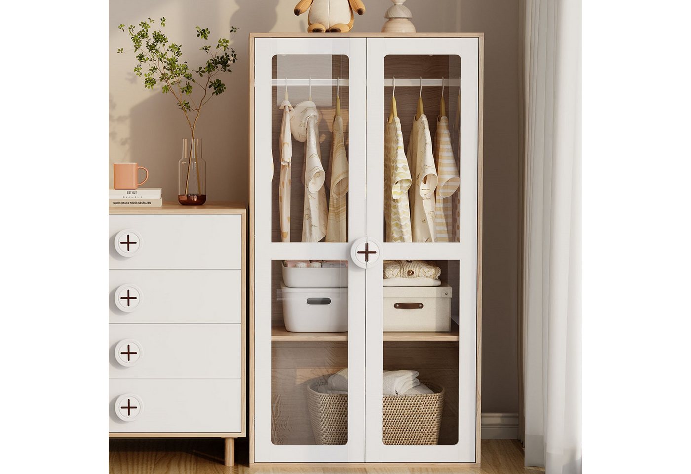 Ulife Kleiderschrank zweitüriger Glastür-Schrank mit Kleiderstange & verschiebbaren Regalen (1-St) Flurschrank, Kinderkleiderschrank, 80×50×150 cm von Ulife