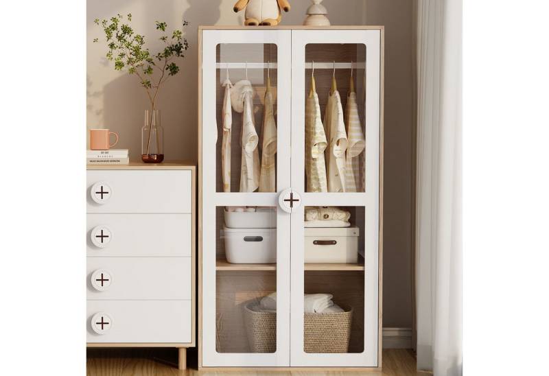 Ulife Kleiderschrank zweitüriger Glastür-Schrank mit Kleiderstange & verschiebbaren Regalen (1-St) Flurschrank, Kinderkleiderschrank, 80×50×150 cm von Ulife