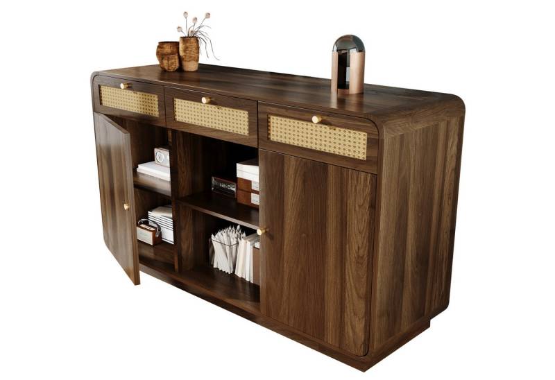 Ulife Kommode mit Rattan & Goldgriffen, 3 Schubladen+2 Schränke+offenes Regal (1 St), Nussbaum, Höhenverstellbare Einlegeböden, H85/B120/T40 cm von Ulife