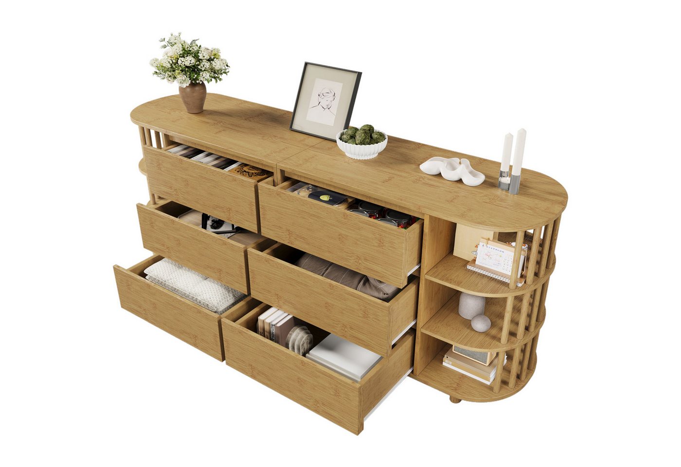 Ulife Kommode mit Säulen & Bambus-Regalen, 6 Schubladen & offene Regale, (1 St), 160cm Eiche, Römisches Design, Höhenverstellbare Füße, H75/B160/T40 cm von Ulife
