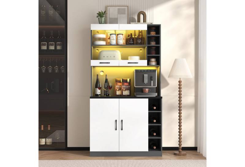 Ulife Küchenbuffet Küchenschrank, Buffet mit LED-Ambiente-Beleuchtung und Kabellöchern Küchen-Highboard aus Holz, viel Platz für Mikrowelle von Ulife