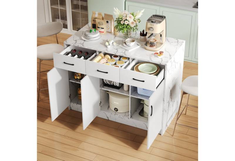 Ulife Kücheninsel mit Arbeitsplatte in Marmoroptik, 120x60x90,5 cm, Küchenschrank mit 3 Schubladen und 3 Türen Buffetschrank von Ulife