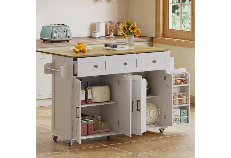 Ulife Kücheninsel mit klappbarer Arbeitsplatte, 5 feststellbaren Rollen,3 Schubladen, Türregal, doppelseitigen Handtuchhaltern, 140x43(70)x90.5 cm von Ulife