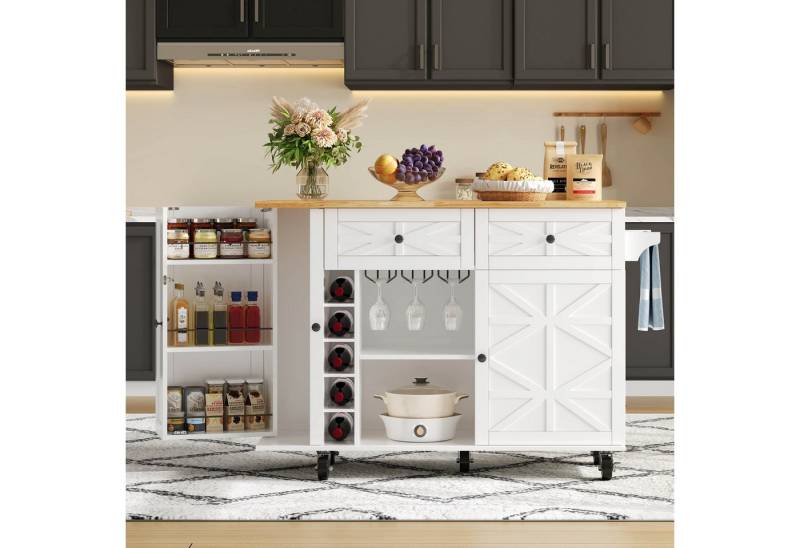 Ulife Kücheninsel mit klappbarer Arbeitsplatte,5 verriegelbaren Rollen, Türregal, mit Weinregal und Glashalter, 120 x 45(70) x 89 cm von Ulife