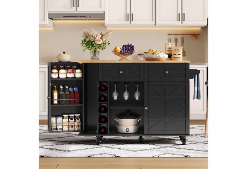 Ulife Kücheninsel mit klappbarer Arbeitsplatte,5 verriegelbaren Rollen, Türregal, mit Weinregal und Glashalter, 120 x 45(70) x 89 cm von Ulife