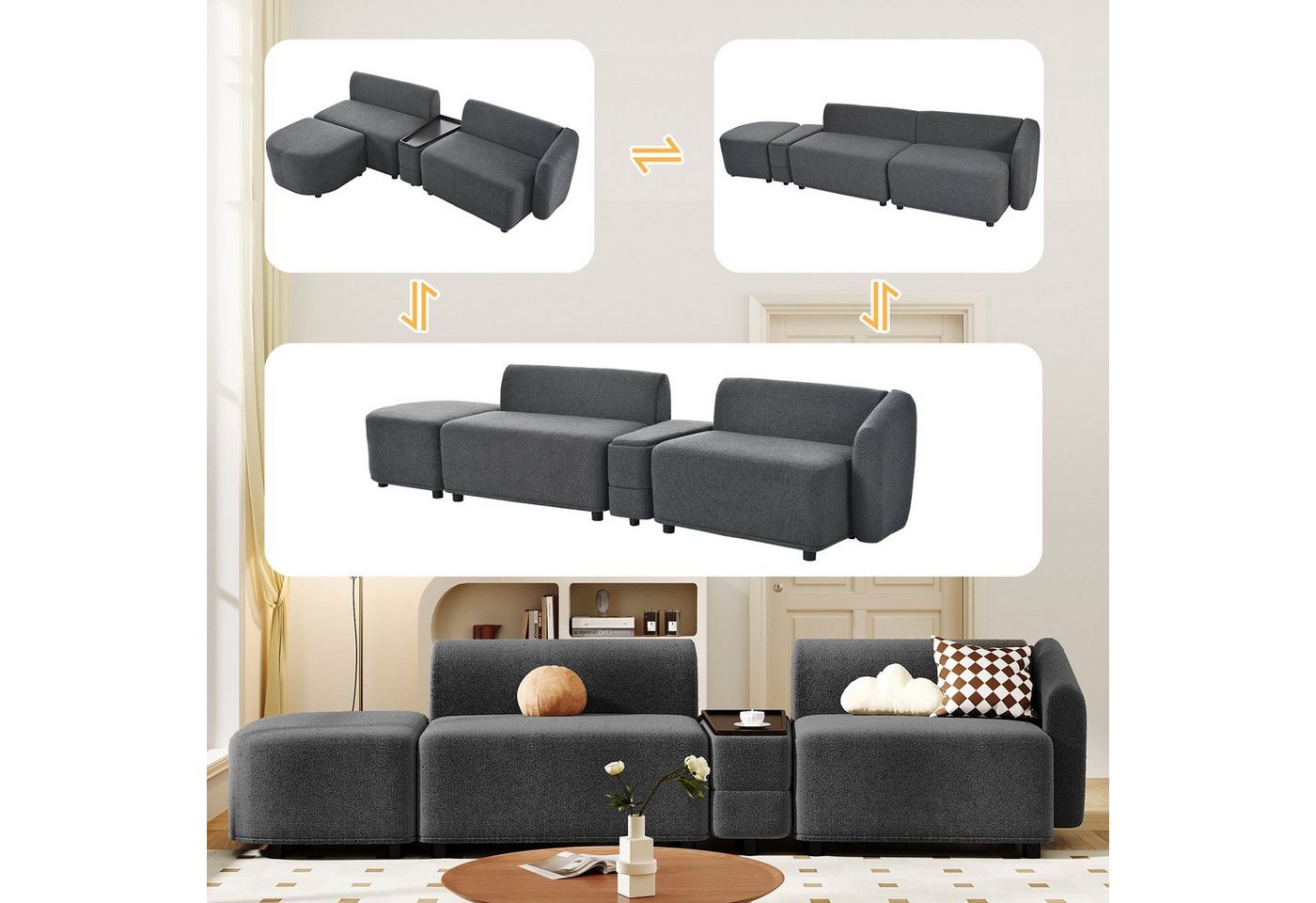 Ulife Loungesofa mit Schlaffunktion, mit Couchtisch-Aufbewahrung, Wohnzimmersofa, Dreisitzer-Sofa, Grau von Ulife