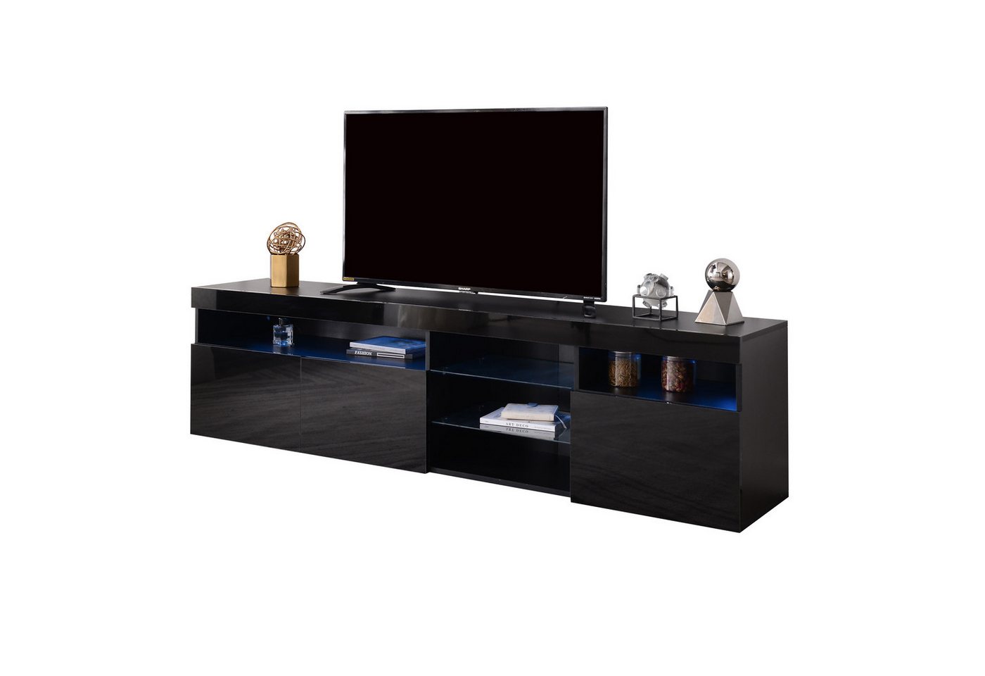 Ulife Lowboard Schwarzer TV-Schrank, Fernsehtisch, Fernschrank mit LED-Beleuchtung (Packung), Mit 2 Glasablagen von Ulife