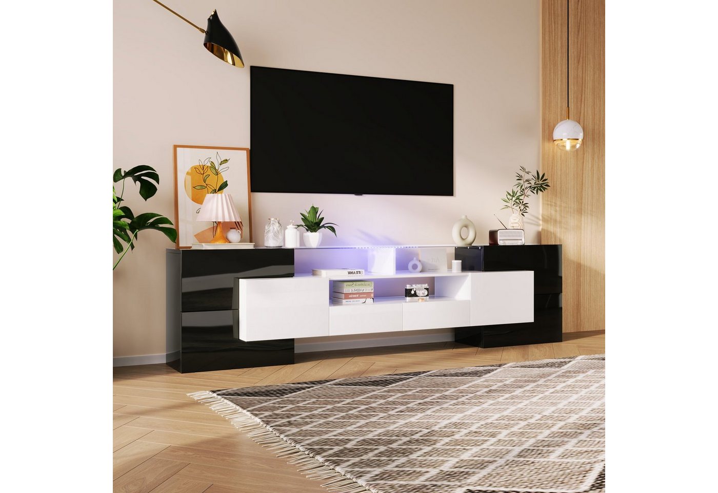 Ulife Lowboard TV-Schrank Fernsehtisch TV Board TV- Lowboard Glasoberfläche, LED-Beleuchtung von Ulife