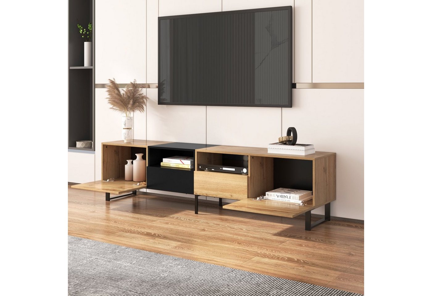 Ulife Lowboard TV-Schrank Moderner TV-Ständer mit schwarzem und holzfarbenem Design, eräumiger Stauraum, robuste Konstruktion von Ulife