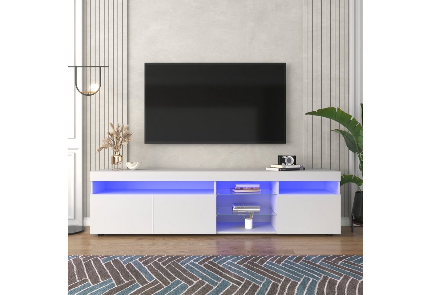 Ulife Lowboard Weißer TV-Schrank, Fernsehtisch, Fernschrank mit LED-Beleuchtung, Mit 2 Glasablagen von Ulife