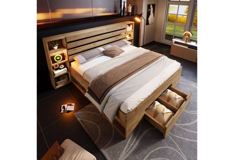 Ulife Massivholzbett Struraumbett Funktionsbett mit LED-Beleuchtung und USB/Type C (Ohne Matratze), Doppelbett, 160x200cm von Ulife