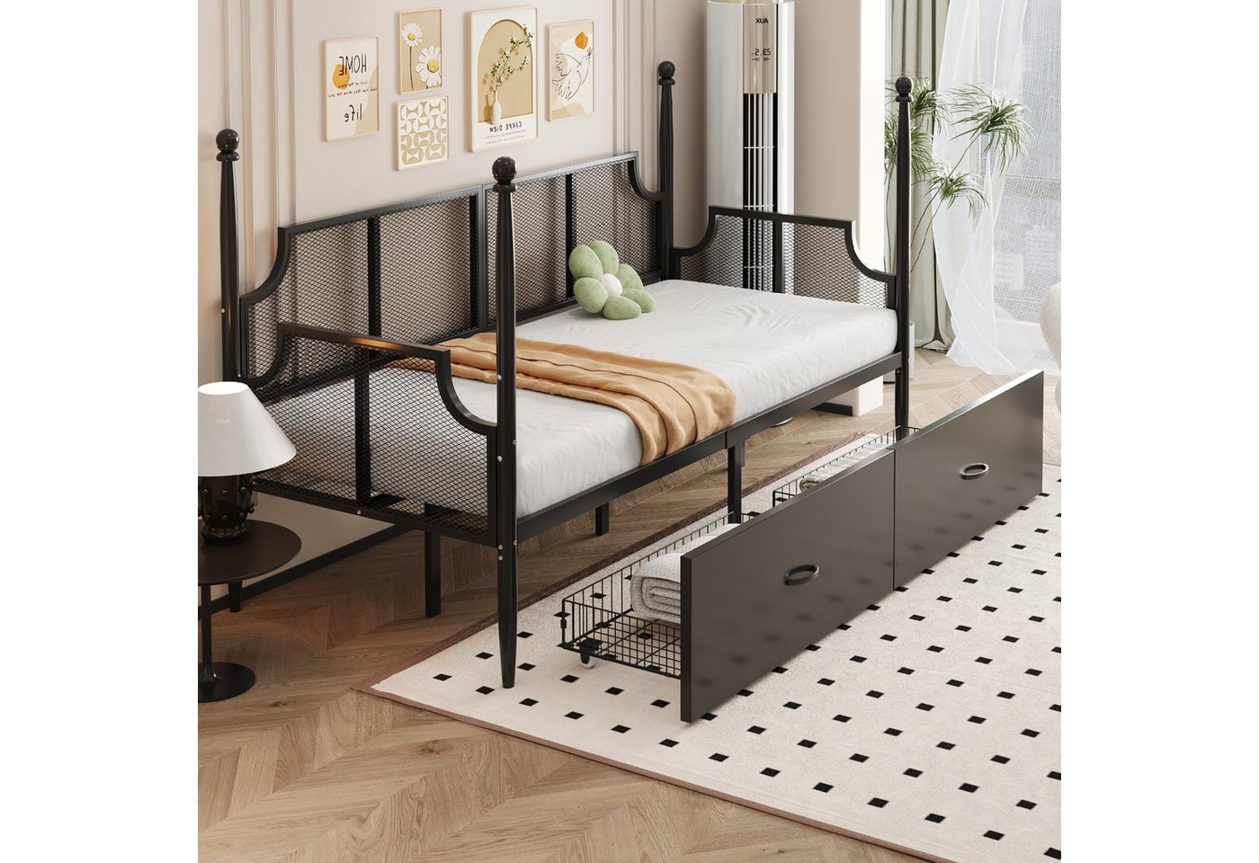 Ulife Metallbett Daybett Einzelbett Jugendbett Eisenbettsofa mit 2 Schubladen (Ohne Matratze), Netzrückenlehne und Armlehnen im Vintage-Stil, 90x200cm von Ulife