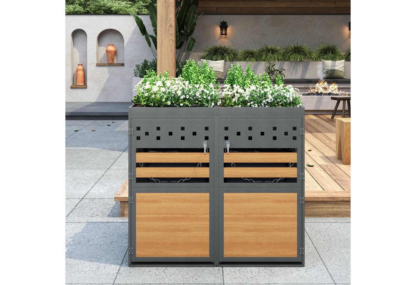 Ulife Mülltonnenbox mit Pflanzdach und Abfallfach, Anthrazit-Tür in Holzoptik (1 St., ohne Mülleimer), Aufbewahrungsbox für 2 Mülltonnen 120-240 Liter von Ulife