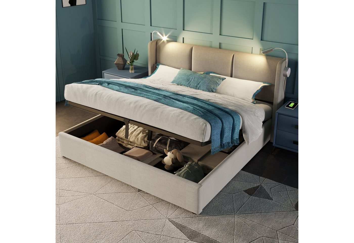 Ulife Polsterbett Beige Doppelbett Hydraulisches Stauraumbett Leinen, Leselicht mit USB Ladefunktion Kopfteil, 160*200 cm von Ulife